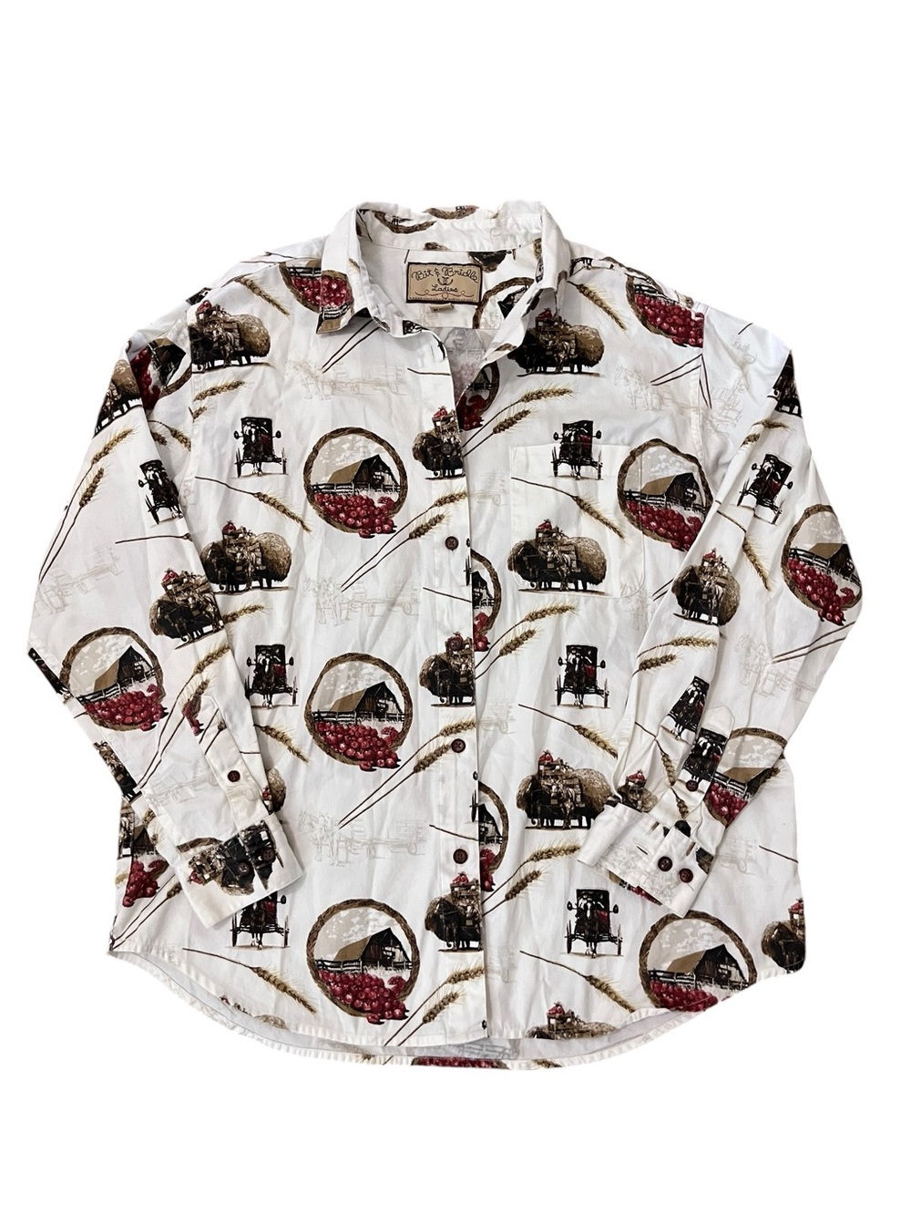 Brit & Bridle Women’s Vintage Farm Print Button Down Shirt Large